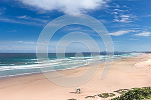 Panorama view over the Maitland mouth empty beach near Port Elizabeth on a summer morning, clean and blue water and sky.It has a