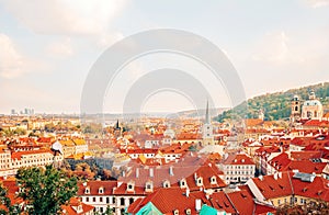 Panorama view over red roofs in Prague with copy space.