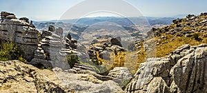 A panorama view over the settlement of Villaneuva de la Concepcion from the Karst landscape of El Torcal near to Antequera, Spain