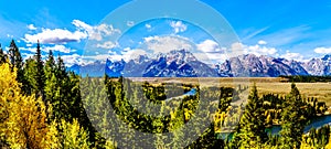 Panorama View of the peaks of The Grand Tetons behind the winding Snake River viewed from the Snake River Overlook