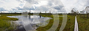 Panorama view of a peat bog landscape and marsh with a wooden boardwalk nature trail