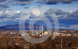 Panorama view of Pecs city in Hungary with power station