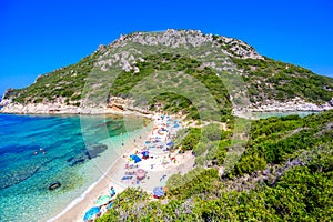 Panorama view of Porto Timoni beach at Afionas is a paradise double beach with crystal clear azure water in Corfu, Ionian island,