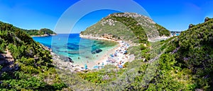 Panorama view of Porto Timoni beach at Afionas is a paradise double beach with crystal clear azure water in Corfu, Ionian island,