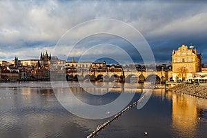 Panorama view of Prague Castle and St. Vitus Cathedral located in Mala Strana old district with Charles Bridge