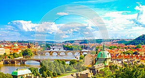 Panorama view of Prague skyline with Charles bridge and Vltava river