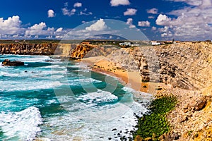 Panorama view of Praia do Tonel (Tonel beach) in Cape Sagres, Algarve, Portugal. Praia Do Tonel, beach located in Alentejo,