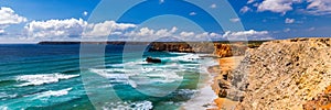 Panorama view of Praia do Tonel (Tonel beach) in Cape Sagres, Algarve, Portugal. Praia Do Tonel, beach located in Alentejo,