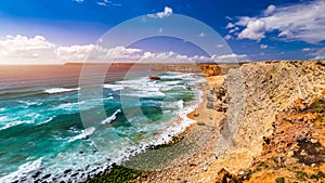 Panorama view of Praia do Tonel (Tonel beach) in Cape Sagres, Algarve, Portugal. Praia Do Tonel, beach located in Alentejo,