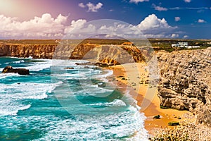 Panorama view of Praia do Tonel (Tonel beach) in Cape Sagres, Algarve, Portugal. Praia Do Tonel, beach located in Alentejo,