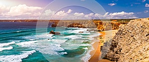 Panorama view of Praia do Tonel (Tonel beach) in Cape Sagres, Algarve, Portugal. Praia Do Tonel, beach located in Alentejo,