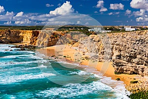 Panorama view of Praia do Tonel (Tonel beach) in Cape Sagres, Algarve, Portugal. Praia Do Tonel, beach located in Alentejo,