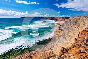 Panorama view of Praia do Tonel (Tonel beach) in Cape Sagres, Algarve, Portugal. Praia Do Tonel, beach located in Alentejo,