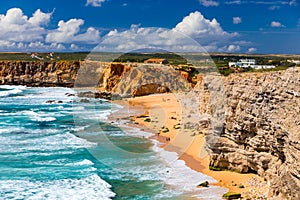 Panorama view of Praia do Tonel Tonel beach in Cape Sagres, Algarve, Portugal. Praia Do Tonel, beach located in Alentejo,