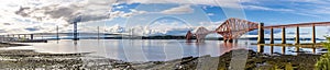 A panorama view from Queensferry of the bridges over the Firth of Forth, Scotland