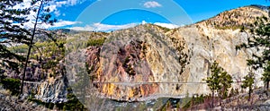 Panorama view of the Railway through the Fraser Canyon Route following the Thompson River in British Columbia, Canada