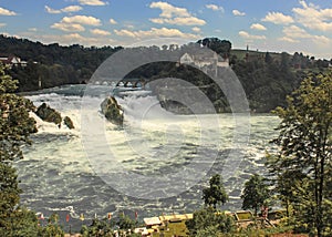 Panorama view of Rhine Falls with Castle Laufen. Rhine Falls is the biggest plain waterfall in Europe, Neuhausen, Switzerland