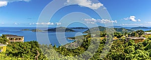 A panorama view from Ridge Road towards the islands of Guana, Great Camanoe and Scrub from the main island of Tortola