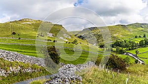 A panorama view of the road leading to Gordale Scar near Malham, Yorkshire, UK