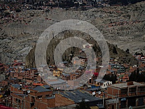 Panorama view of rock formations landscape in La Paz cityscape buildings urban city Bolivia South America