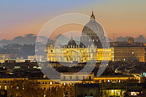 Panorama view of Rome at sunset with St Peter Cathedral