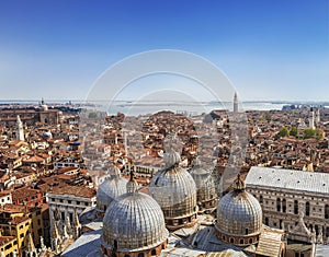Panorama view of the roofs of Venice from the top of the St Mark`s bell tower San Marco Campanile of St. Mark`s Basilica in