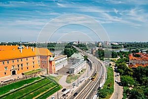 Panorama view of Royal Castle and Slasko-Dabrowski Bridge on Vistula river in Warsaw, Poland