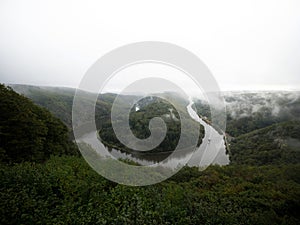 Panorama view of Saarschleife Saar river bend curve turn water gap in Cloef Orscholz Mettlach Saarland Germany Europe