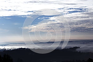 Panorama view from Sacro Monte in Varese, north of Italy. A view of Varese in a morning with a lot of fog