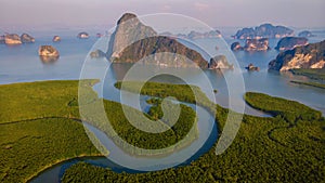 panorama view of Sametnangshe, view of mountains in Phangnga bay mangrove forest Phangnga, Thailand