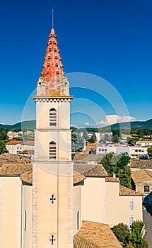 Panorama view of Saulce sur Rhone and the bell towers of the Church of Saint Joseph