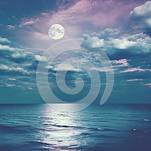 Panorama view of the sea. Colorful sky with cloud and bright full moon on seascape to night