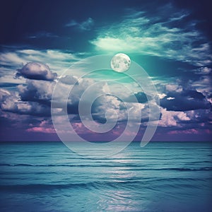 Panorama view of the sea. Colorful sky with cloud and bright full moon on seascape to night