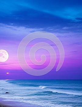 Panorama view of the sea. Colorful sky with cloud and bright full moon on seascape to night.