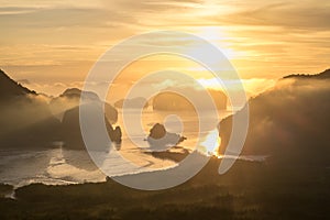 Panorama view of sea and mountain in sun rise morning golden hour