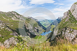 Panorama view of Seealpsee (lake) and the alps