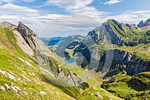 Panorama view of Seealpsee (lake) and Alpstein massif photo