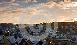 Panorama view Seiffen in Winter . Saxony Germany ore mountains at Sunrise