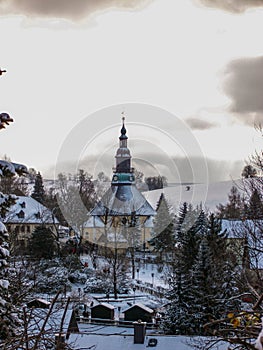 Panorama with view of the Seiffener church village Seiffen, Ore Mountains