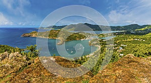 A panorama view from Shirley Heights viewpoint down into Freemans Bay on the coast of Antigua