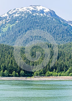 A panorama view of the shoreline in the Gastineau Channel outside Juneau, Alaska