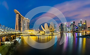 Panorama view of Singapore financial district skyline and Marina Bay Sand hotel, one of