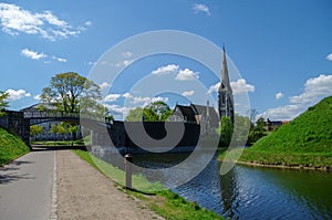 Panorama view of St. Albanâ€™s Church and lake from Gefionbroen Bridge