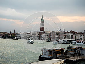 Panorama view of St Marks Square basilica church cathedral bell clock tower Campanile in Venice Venezia Veneto Italy