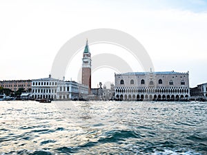Panorama view of St Marks Square basilica church cathedral bell clock tower Campanile in Venice Venezia Veneto Italy