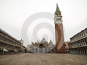 Panorama view of St Marks Square Piazza San Marco basilica church cathedral bell clock tower Campanile in Venice Italy