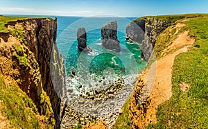 A panorama view of Stack Rocks on the Pembrokeshire coast, Wales near Castlemartin
