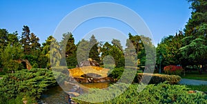 Panorama view of stone bridge in Municipal Park of Katerini