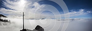 Panorama view summit cross Taubenstein mountain in Bavaria, Germany
