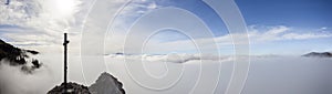 Panorama view summit cross Taubenstein mountain in Bavaria, Germany